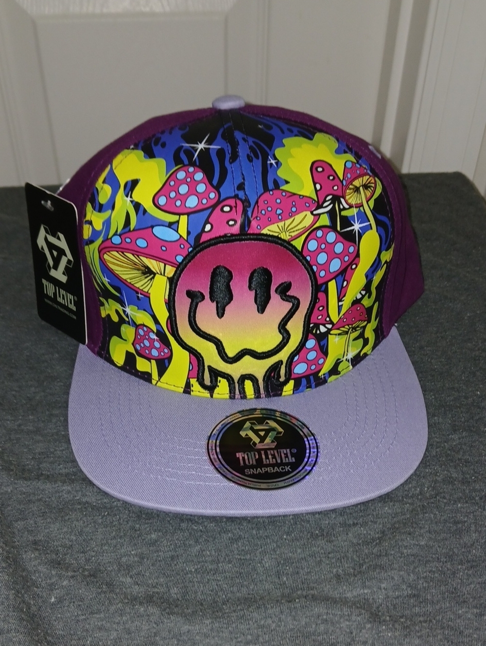 Top Level Purple & Lavender Snapback Hat with Neon Mushroom Graphic